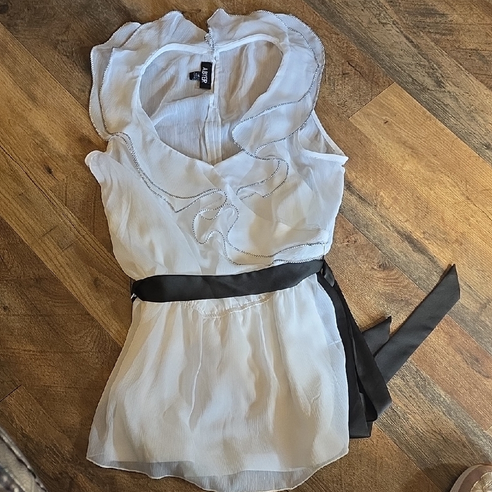 A. Byer Sheer White Blouse with Black Tie